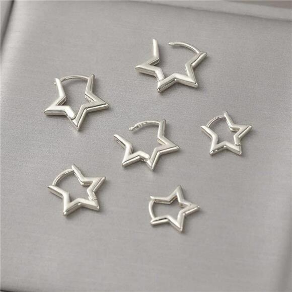 Silver Star Hoop Earrings Set Women Y2k Huggie Pentagram Statement Jewelry Gift - Picture 6 of 7